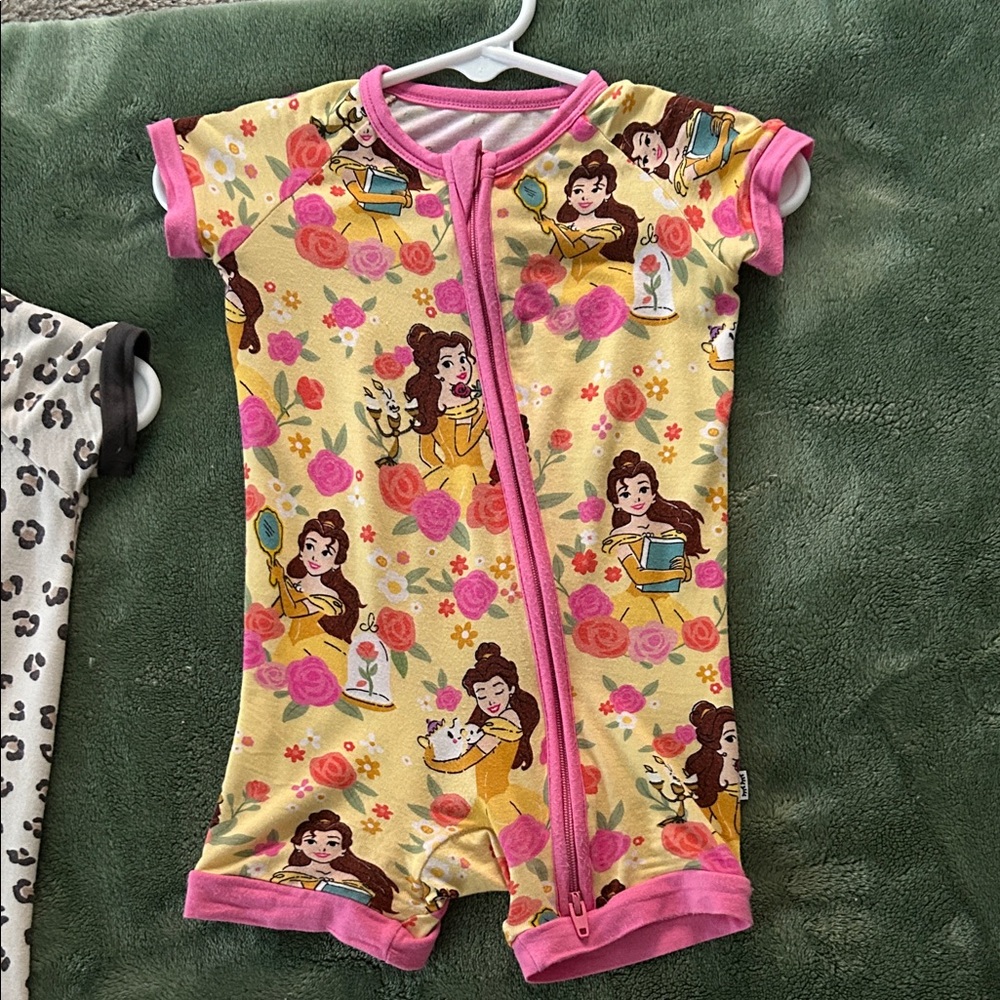 Disney Yellow & Pink Belle Short Sleeve Zip One-Piece Pajamas